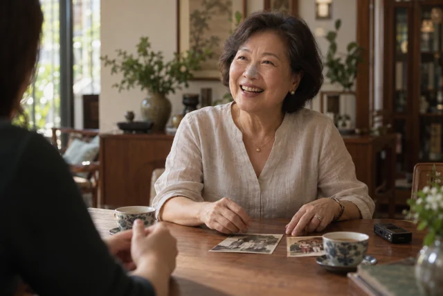 Sharing stories over tea and family photographs.