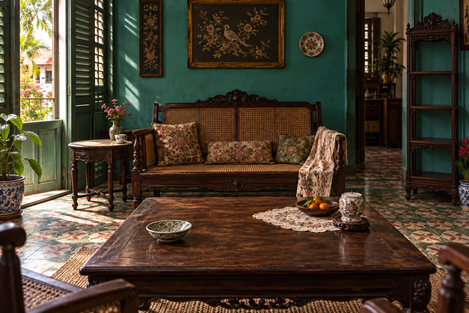 A sunlit Peranakan room with an open window on the left, a carved rattan settee, a walnut table and an empty display shelf on the right.